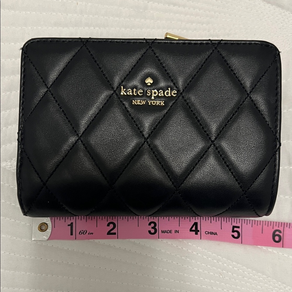 kate spade Quilted Black Leather Compact Wallet with Gold Logo - Picture 2 of 9